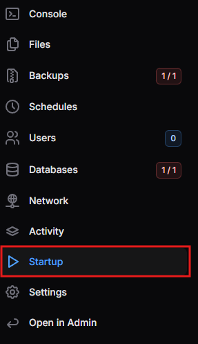 Startup in the menu